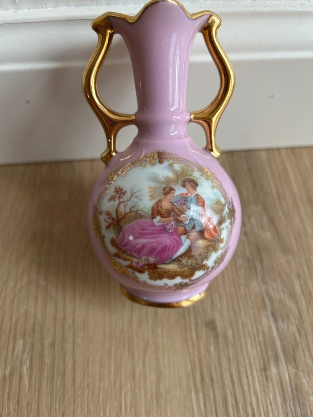 Limoges Pink Porcelain Double-Handled Vase with Gold Trim - Picture 2 of 13